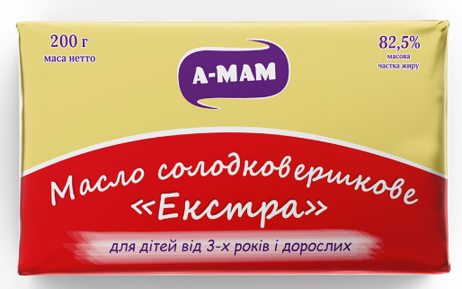 Масло солодковершкове екстра А-МАМ 82,5%, 200 г, для дітей від 3-х років і дорослих